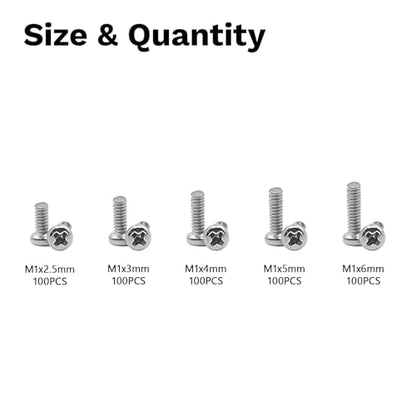 500Pcs M1 304 Stainless Steel Metric Micro Screws Nuts Assortment | M1x2.5/3/4/5/6mm Sizes, Phillips Pan Head, Fully Threaded Kit for Arduino, RC Models, Electronics, DIY Projects - size: M1x2.5/3/4/5/6 -500Pcs