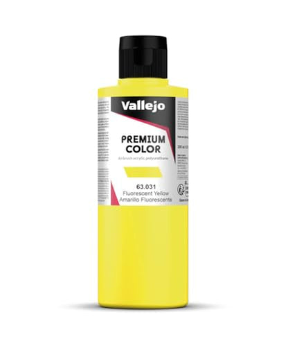 Vallejo - Premium Color Fluorescent Yellow 6.76 Fl.Oz. (200 ml) for Airbrushing, Acrylic-Polyurethane Hybrid Resin of Great Resistance Paint, RC, Model and Hobby Use - style: Fluorescent Yellow
