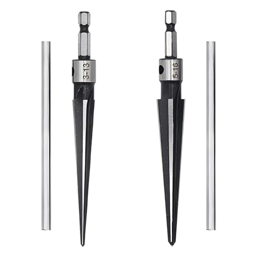 EMVANV 2Pcs Bridge Pin Hole Reamer, 3-13mm(1/8''-1/2'') & 5-16mm(½-5/8") T Handle Taper Reamer Set, 6 Fluted Chamfer Reaming Tool, Bridge Pin Hole Handle Tapered Reamers(Black Silver)