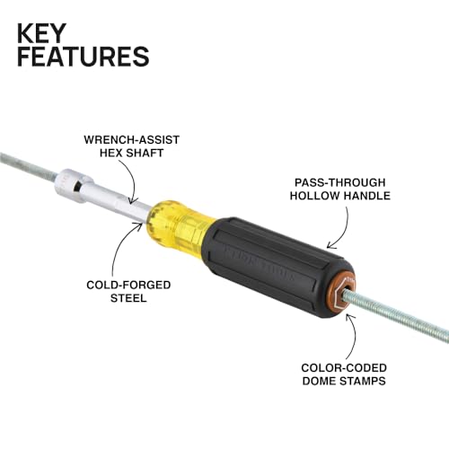 Klein Tools 65408M Metric Color-Coded Nut Driver, Hollow-Shaft, Heavy-Duty 8 mm Hex, Pass-Through Design, 6-Point Socket, and Cushion-Grip Handle - size: 8mm
