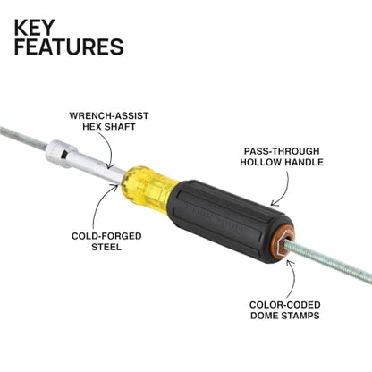 Klein Tools 65408M Metric Color-Coded Nut Driver, Hollow-Shaft, Heavy-Duty 8 mm Hex, Pass-Through Design, 6-Point Socket, and Cushion-Grip Handle - size: 8mm