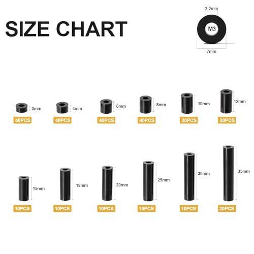 270Pcs ABS Round Spacers ID 3mm, OD 7mm | Length Ranges from 3mm to 35mm, Non-Threaded Outlet Screw Washers Suitable for M3 Screws Hardware Spacer Bracket, Black - color: Black/3.2mm,270Pcs