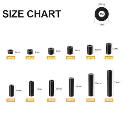 270Pcs ABS Round Spacers ID 3mm, OD 7mm | Length Ranges from 3mm to 35mm, Non-Threaded Outlet Screw Washers Suitable for M3 Screws Hardware Spacer Bracket, Black - color: Black/3.2mm,270Pcs