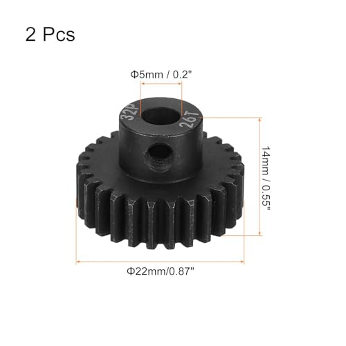 MECCANIXITY 2 Pcs RC 32P Hardened Pinion Gear 5mm Shaft, 26T Motor Gears Carbon Steel for 1/10 RC Model Car Boat Drone - style: 26T