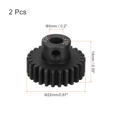 MECCANIXITY 2 Pcs RC 32P Hardened Pinion Gear 5mm Shaft, 26T Motor Gears Carbon Steel for 1/10 RC Model Car Boat Drone - style: 26T