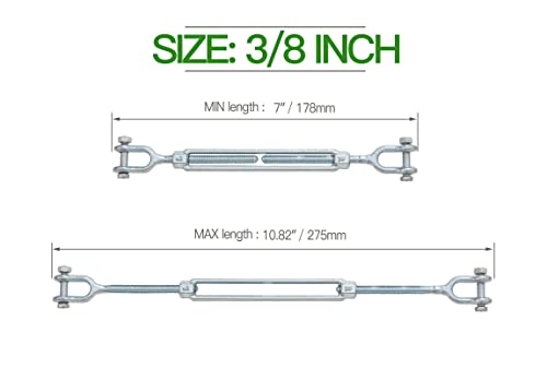 3/8" Jaw Jaw Turnbuckle Galvanized Jaw and Jaw Turnbuckle, Jaw Jaw Closed Body Marine Turnbuckle Jaw, 3500lbs Working Load Limit, Durable for Wire Rope Cable (3/8" x 6") - style: Jaw & Jaw-3/8 x 6