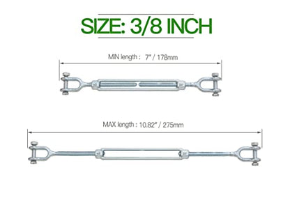 3/8" Jaw Jaw Turnbuckle Galvanized Jaw and Jaw Turnbuckle, Jaw Jaw Closed Body Marine Turnbuckle Jaw, 3500lbs Working Load Limit, Durable for Wire Rope Cable (3/8" x 6") - style: Jaw & Jaw-3/8 x 6