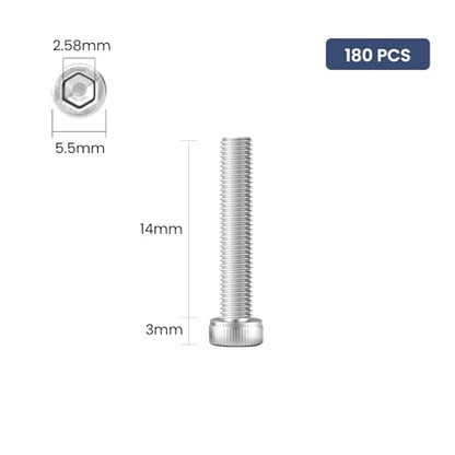180pcs M3 x 14mm Hex Socket Head Cap Screws Bolts, 304 Stainless Steel 18-8, Allen Socket Drive,Bright Finish, Full Threads,with Hex Spanner - size: M3 x 14mm