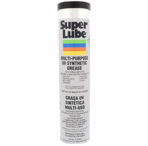 Super Lube Multi-Purpose UV Synthetic Grease w/Syncolon - NLGI 2 - High Temperature, Water & Corrosion Resistant Grease - Workshop & Industrial Use - Food Grade - Cartridge - 14.1 oz (41150/UV)