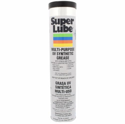 Super Lube Multi-Purpose UV Synthetic Grease w/Syncolon - NLGI 2 - High Temperature, Water & Corrosion Resistant Grease - Workshop & Industrial Use - Food Grade - Cartridge - 14.1 oz (41150/UV)