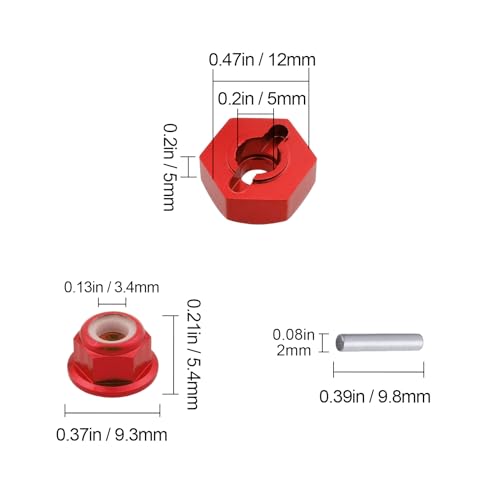 HobbyPark Aluminum 12mm Wheel Hex Nuts & M4 Lock Nuts for 1/10 Scale RC Car Truck Crawler Buggy Short Course(8-Pack) (Red)