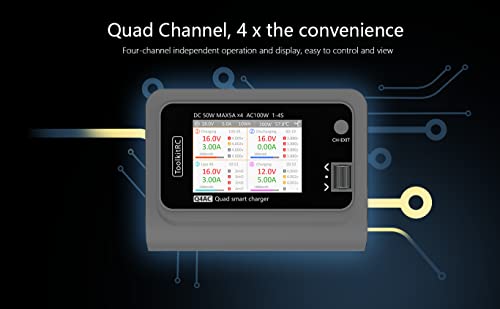ToolkitRC Q4AC 4 x 50W 5A 1-4S Lipo AC 100W DC Smart Lithium Battery Balance Charger US Plug 4 Port DC Smart Discharger