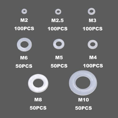 600PCS Metric M2 M2.5 M3 M4 M5 M6 M8 M10 Nylon Flat Washers Spacers Plastic Washers Assortment Kit (White) - color: White