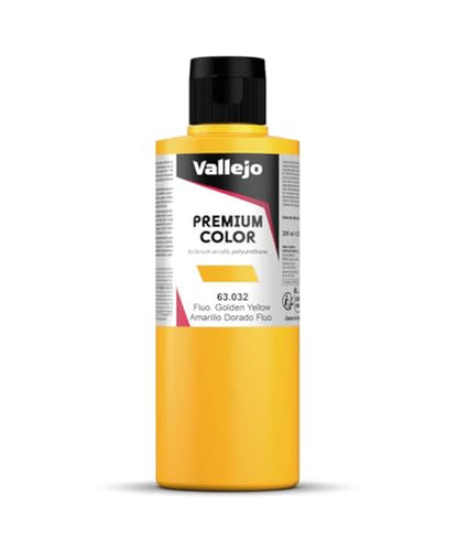 Vallejo - Premium Color Fluorescent Golden Yellow 6.76 Fl.Oz. (200 ml) for Airbrushing, Acrylic-Polyurethane Hybrid Resin of Great Resistance Paint, RC, Model and Hobby Use - style: Fluorescent Golden Yellow