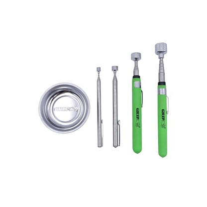 Grip 5 pc Magnetic Tool Set - 2 lb, 5 lb, 15 lb Telescopic Pickup Tools, 3" Magnetic Parts Tray - Stainless Steel