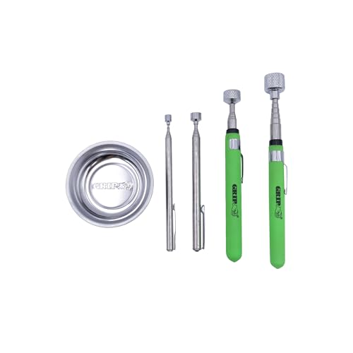Grip 5 pc Magnetic Tool Set - 2 lb, 5 lb, 15 lb Telescopic Pickup Tools, 3" Magnetic Parts Tray - Stainless Steel