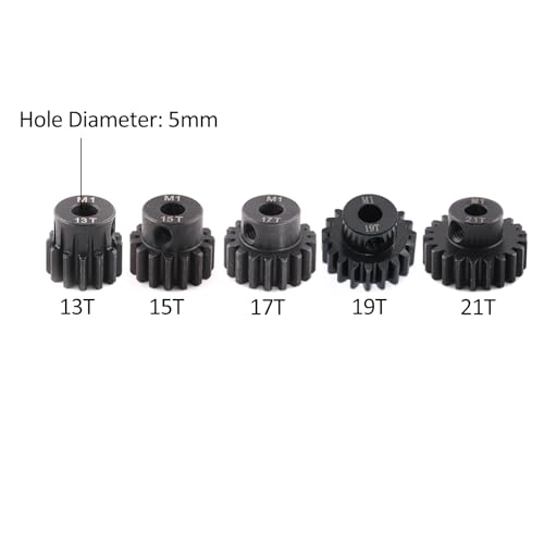 5pcs Mod 1 Pinion Gear 5mm Set Hardened Steel 13T 15T 17T 19T 21T Fit 5mm RC Motor Shaft M1 Pitch Gears Compatible with Arrma Traxxas Axial HSP Redcat Losi RC Car Truck Buggy (with Screwdriver) - size: 13 15 17 19 21T
