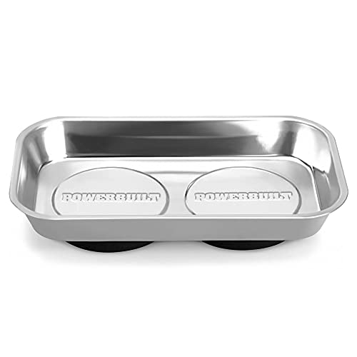 Powerbuilt Magnetic Parts Tray, 5-1/2 Inch x 9-1/2 Inch – Polished Stainless Steel Magnetic Tool Tray with Dual Rubber-Coated Heavy-Duty Magnets for Holding Small Parts – 648357