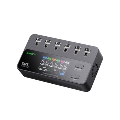 ISDT E625 6-Channel 1S LiHV/LiPo Battery IPS Screen Smart Charger/Discharger, Type-C/XT60 PD Powered with BT2.0/PH2.0 Ports, Features 4.35V 2.5A Fast Charging for Tiny Whoop FPV Drones RC Batteries