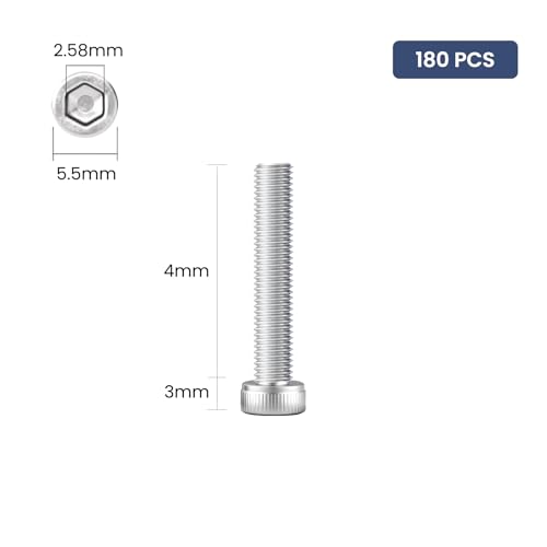 180pcs M3 x 4mm Hex Socket Head Cap Screws Bolts, 304 Stainless Steel 18-8, Allen Socket Drive,Bright Finish, Full Threads,with Hex Spanner - size: M3 x 4mm