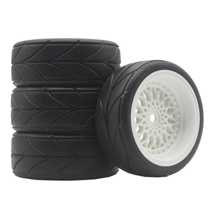 4PCS 64mm RC On Road Rubber Tires and Plastic Plating Wheel Rims Set Replacement Part for 1/10 RC Run-flating Touring Racing Drift Car Tyre(White,Offset:6mm) - color: White, size: Offset:6mm