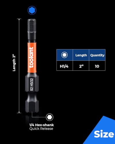 toolant 1/4" Impact Hex Bit Set, 10-Piece | CNC-machined tips, S2 alloy steel body, hardened core, magnetic fastener retention, impact-driver use - size: 1/4"(10pcs)