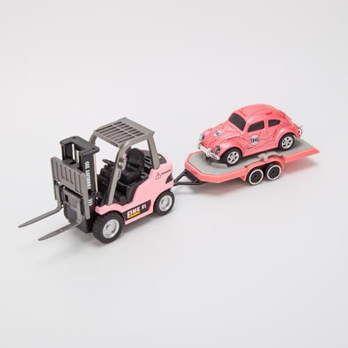 1/64 RC Forklift with Trailer, 2.4G Alloy Remote Control Forklift for Adults, Mini Forklift Truck with Cargo Hook/Forks/Pallet, RC Engineering Vehicle, Gift Collectibles - style: 1/64 RC Forklift, Pink