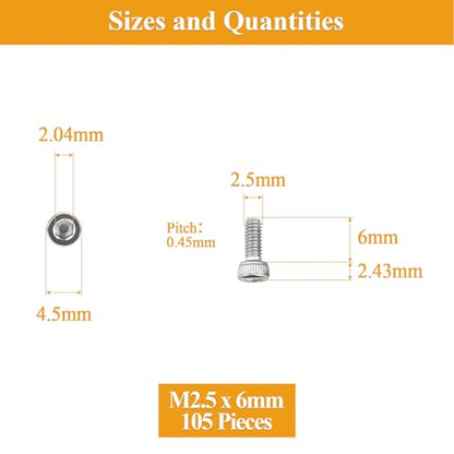 105 Pieces M2.5 x 6mm Socket Head Cap Screws, Thread Pitch 0.45mm, Sutemribor M2.5 Screws, 304 Stainless Steel, Fully Threaded, Silver - size: M2.5 x 6mm, style: Socket Head