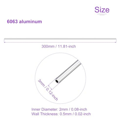 DMiotech 3Pack (3mm OD x 2mm ID) 6063 Aluminum Round Tube 300mm Length Industry Metal Tubing for Machinery Frame Construction DIY Projects - size: 3mm x 2mm x 300mm