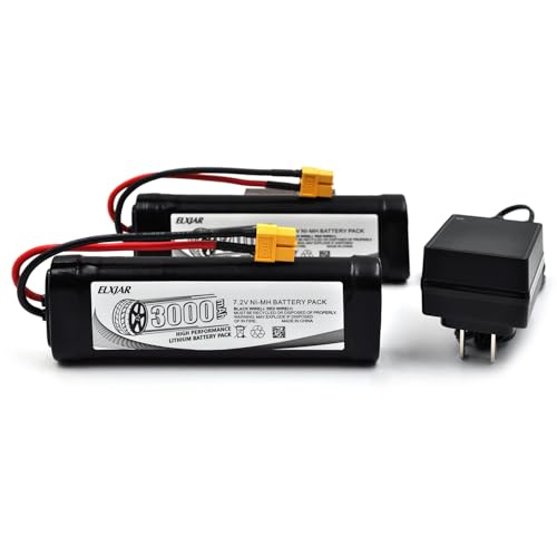 (2-Pack) 7.2V 3000mAh Ni-MH Battery with XT60 Plug for RC Cars & Trucks | 10C battery for LOSI, HPI, Associated, Kyosho and Tamiya 2WD/4WD models; includes 4.8V–12V Ni-MH/Ni-Cd charger. - color: 7.2V 3000mAh XT60-Plug