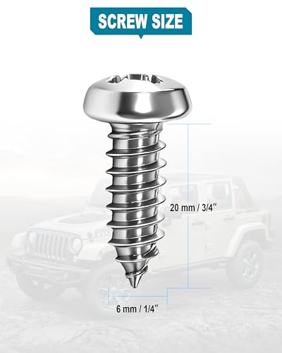 Stainless Steel License Plate Screws, M6 (1/4"), with Chrome Caps | Rustproof Car Tag Fasteners, Front Rear Mount Hardware, Self-Tapping Screws Nylon Inserts + Screwdriver - style: Self-tapping Screws