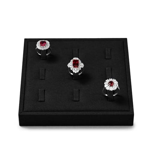 Oirlv Black Microfiber Jewelry Ring Display Tray | Black Microfiber, 5.51"X5.51"X0.79" with 9 Ring Slots, Grips Rings Tightly, Soft Surface Prevents Scratches - style: P13705