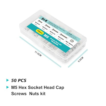 50PCS M5 x 50mm 60mm 70mm 80mm, Hex Socket Head Cap Screws Bolts Nuts Kit, Stainless Steel 304, Metric Allen Drive, Fully Threaded - size: Socket M5x50/60/70/80mm