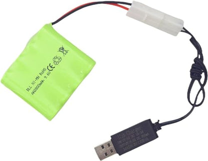 1PCS AA 9.6V 2800mAh Ni-MH High Capacity Battery with Tamiya Plug and USB Charging Cable for Toy Tank Engineering, Flat Semi-Trailer Truck, RC Car Spare Battery Pack