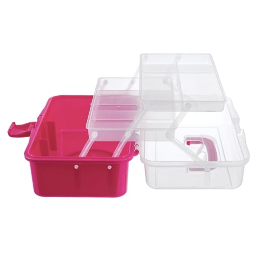 MyGift 13-Inch Dark Pink Plastic Craft Organizer and Storage Box – Clear Carrying Case with Latching Lid & 2 Expandable Trays for Sewing, Tools, First Aid, and Art Supplies - color: Fuscia