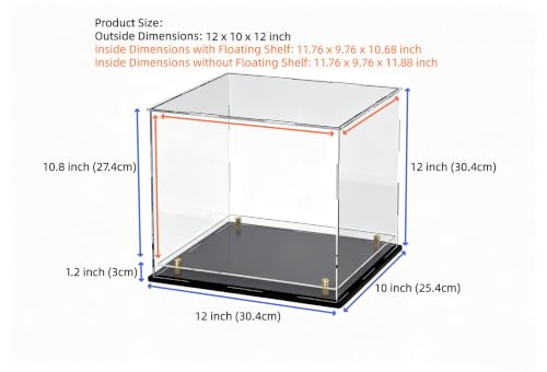 Acrylic Display Case with Raised Shelf, Clear Display Box with Black Base & Gold Standoffs, Dustproof Showcase for Collectibles, Figures, Model Cars – Easy Assembly (12×10×12 Inch) - size: 12"L x 10"W x 12"H