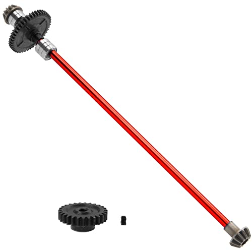 Metal Center Drive Shaft RC Car Central Transmission Shaft w/ 27T Motor Gear Upgrade Part Compatible with Wltoys 124018 124019 1/12 RC Car Buggy (Red) - color: Red