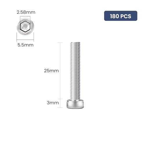 180pcs M3 x 25mm Hex Socket Head Cap Screws Bolts, 304 Stainless Steel 18-8, Allen Socket Drive,Bright Finish, Full Threads,with Hex Spanner - size: M3 x 25mm