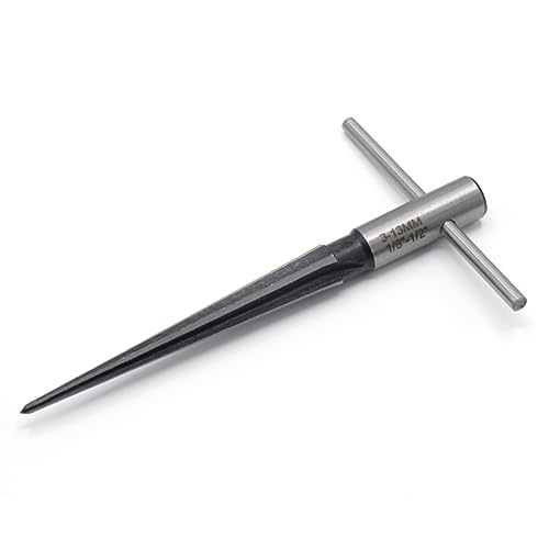 6-Flute Tapered Reamer 1/8 to 1/2 Inch T Handle for Guitar Luthier | 45 carbon steel, 1/4 inch hex shank compatible, chamfer reaming tool, bridge pin hole sizing, instrument repair use