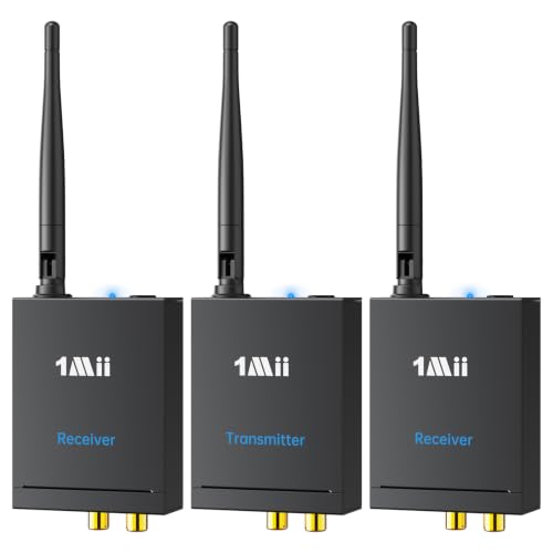 1Mii 2.4GHz (1 TX + 2 RX) Wireless Audio Transmitter and Receiver Set | 20ms Ultra Low Delay with RCA In/Out, 320FT Long Range for TV PC CD Player Powered Speaker, 2 Receivers for 2 Powered Speaker - size: 3 in 1