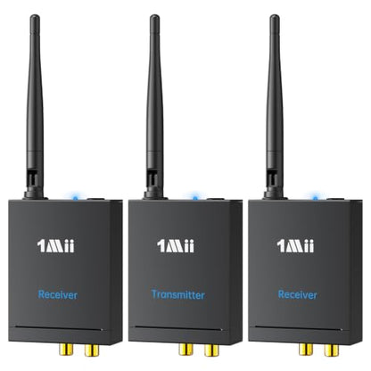 1Mii 2.4GHz (1 TX + 2 RX) Wireless Audio Transmitter and Receiver Set | 20ms Ultra Low Delay with RCA In/Out, 320FT Long Range for TV PC CD Player Powered Speaker, 2 Receivers for 2 Powered Speaker - size: 3 in 1