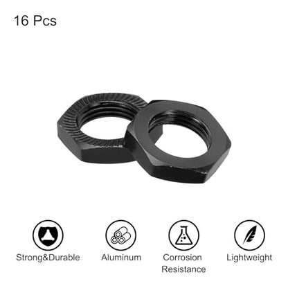MECCANIXITY Aluminum 17mm RC Wheel Nut Thread M12x1.0mm Hex Wheel Nuts for 1/8 RC Model Car Trucks Off Road Car Upgraded Parts Pack of 16 (Black) - color: Black