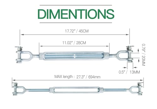 5/8" Jaw Jaw Turnbuckle Galvanized Jaw and Jaw Turnbuckle, Jaw Jaw Closed Body Marine Turnbuckle Jaw, 5000lbs Working Load Limit, Durable for Wire Rope Cable (5/8" x 9") - style: Jaw & Jaw-5/8 x 9
