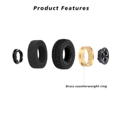 FCX24 Wheels and Tires 1.0 Beadlock Wheels 50MM Soft Sticky Tires with Brass Counterweight Ring for Axial SCX24 FMS FCX24M FCX24 Upgrades 1/24 RC Crawler - style: 128g