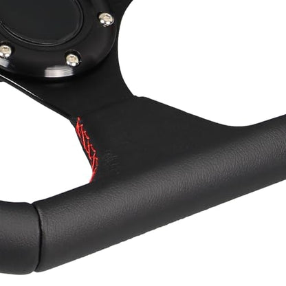 Universal Racing Sports Steering Wheel Red Stripe D Shape 13.8inch 350mm 6 Bolts Black Leather Hand Grip Steering Wheel with Horn Button - color: Red