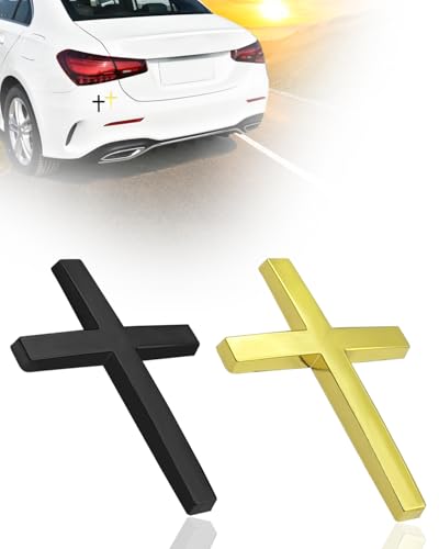 2PCS Metal Jesus Cross Car Emblem, 2.5"×1.8" 3D Silver Alloy Religious Jesus Christ Cross Badge Stickers, Self-Adhesive Automotive Christian Decals for Car Body, Tailgate, Window(Black+Golden) - color: Black+Golden