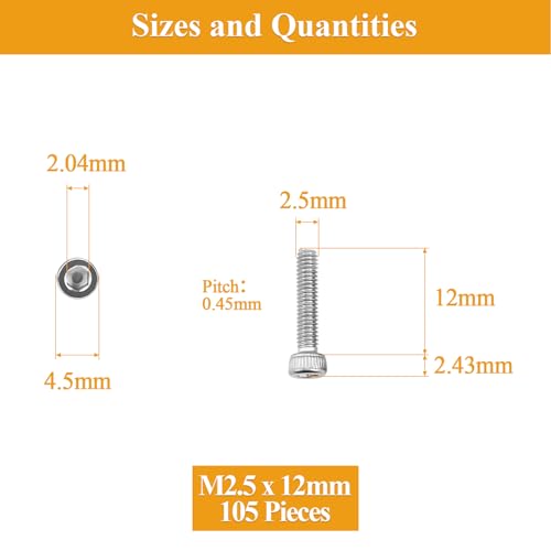 105 Pieces M2.5 x 12mm Socket Head Cap Screws, Thread Pitch 0.45mm, Sutemribor M2.5 Screws, 304 Stainless Steel, Fully Threaded, Silver - size: M2.5 x 12mm, style: Socket Head