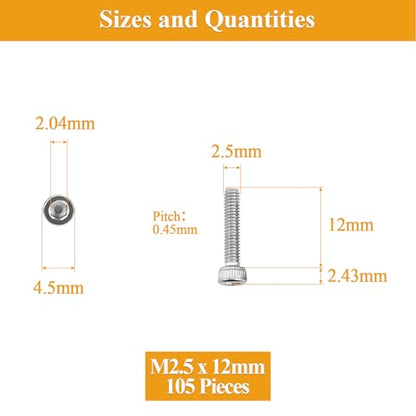 105 Pieces M2.5 x 12mm Socket Head Cap Screws, Thread Pitch 0.45mm, Sutemribor M2.5 Screws, 304 Stainless Steel, Fully Threaded, Silver - size: M2.5 x 12mm, style: Socket Head