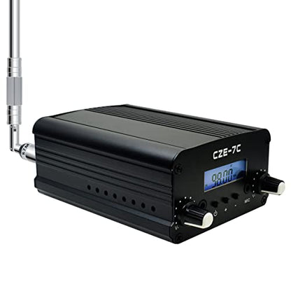 7W 1W Long Range FM Transmitter with LCD & 3.5mm Audio Cable - Ideal for Drive-in Church, School & Supermarket Events, Light Shows & Fireworks Display - Black
