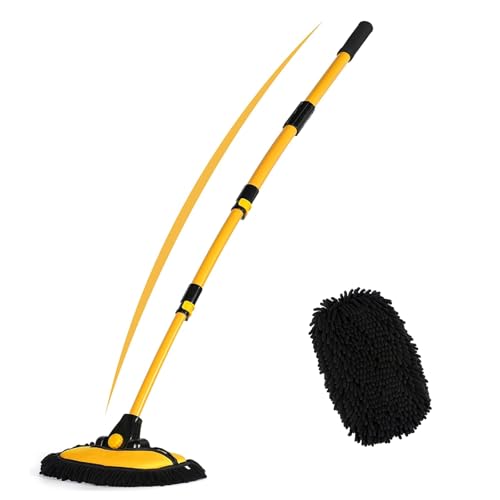 57'' Car Wash Brush with Long Handle Chenille Microfiber Car Wash Kit, Mitt Retractable Bent Pole Car Wash Brush for Cars RV Truck Boat (Light Yellow) - color: Light Yellow